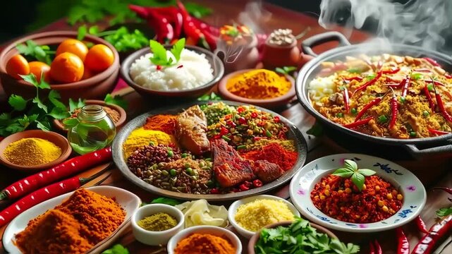 A vibrant tableau of diverse spices, herbs, rice, and steaming dishes, arranged on a dark wooden surface, suggesting a rich culinary experience