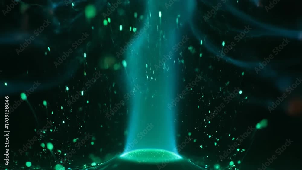 Wall mural a seamlessly looping video displaying vibrant green and cyan plasma particles rising and dissipating