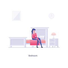 Vector elements of the office environment A man in a pink top and blue pants stands behind a kitchen counter with glasses and a small plant, suggesting a hospitality setting. The text “Hotel Bar” is a