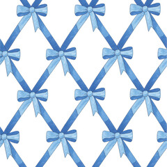 Watercolor Blue Bows in Diagonal Lattice Pattern