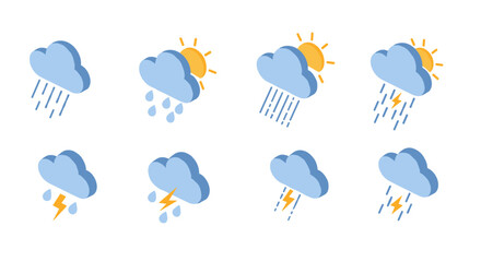 Obraz premium Diverse weather icons set featuring sun, cloud, and rain with lightning