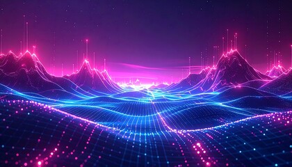 A futuristic landscape scene featuring glowing neon ridges, data streams, and a starry purple sky creating a vibrant digital scene