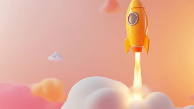 A yellow rocket ship takes off, ascending past fluffy white clouds against a soft pink and orange gradient background.