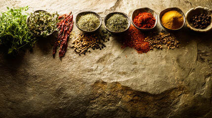 Asian cuisine ingredients beautifully arranged on a rustic stone surface with fresh herbs and spices.
