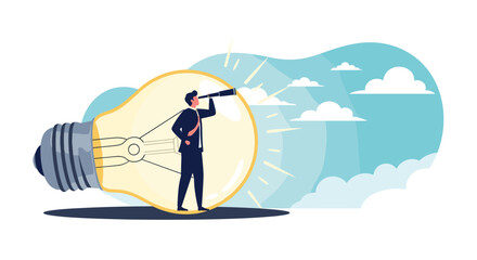 Man with telescope inside a light bulb looking for ideas and opportunities.