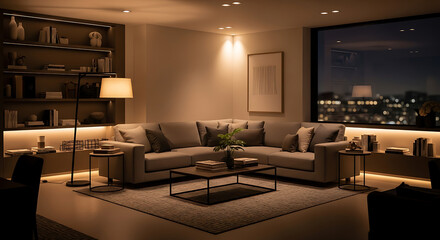 Modern Luxury Living Room Interior at Night with Warm Lighting and City View.