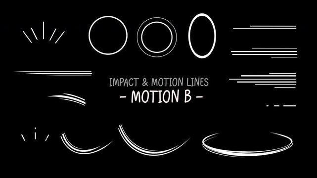 Impact and motion line FX pack &ndash; Motion Graphic Style B, dynamic speed lines, impact bursts, swoosh arcs, anime style action lines, transparent background, alpha channel	