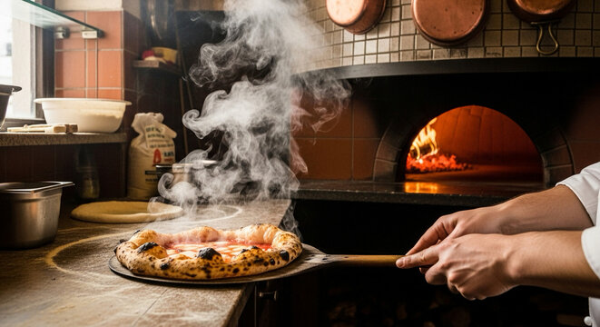 Chef removing steaming hot Neapolitan pizza from traditional wood-fired brick oven in authentic Italian pizzeria kitchen. - Powered by Adobe