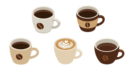 Obraz premium Isometric coffee mugs with various designs and latte art top view