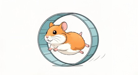 Adorable cartoon hamster running energetically on a blue exercise wheel