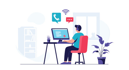 Person working at a computer at home with communication icons.