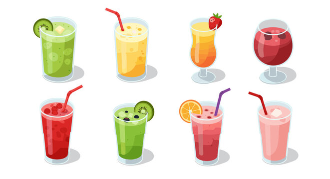 Vibrant set of refreshing fruit smoothie drinks with straws and fresh garnishes - Powered by Adobe