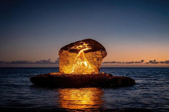 Illuminated rock formation at twilight, lit from within with warm orange glow