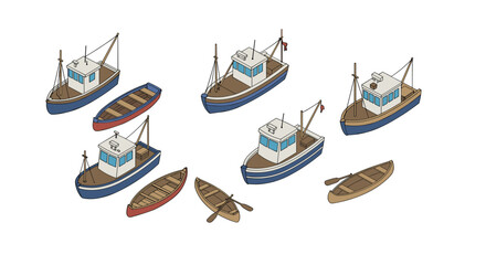Obraz premium Colorful isometric fishing boats and rowboats collection on white background