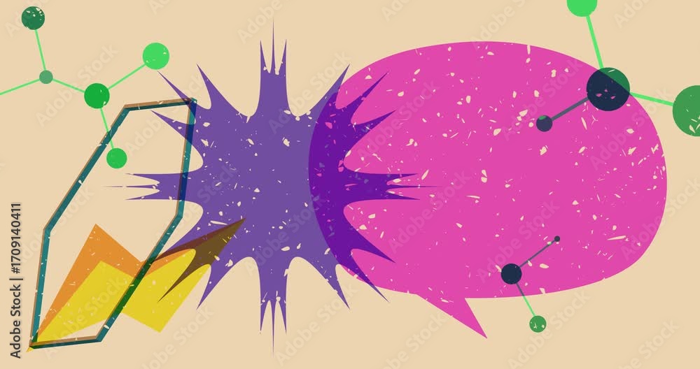 Poster risograph speech bubble with geometric shapes animation. moving object in trendy riso graph design v