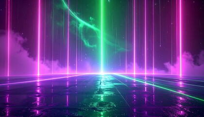 A futuristic neon environment with vibrant pink and green vertical light beams. Reflective floor surface, swirling ethereal cloud effect