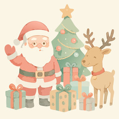 Fototapeta premium Whimsical Christmas Illustration Featuring Santa Claus, a Reindeer, Gifts and a Festive Tree