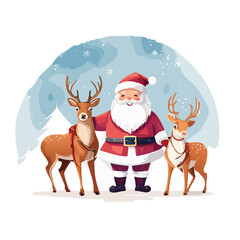 Jolly Santa Claus and his loyal reindeer spread festive cheer against a serene snowy backdrop, embodying the spirit of winter holidays and joyful giving in a charming illustration