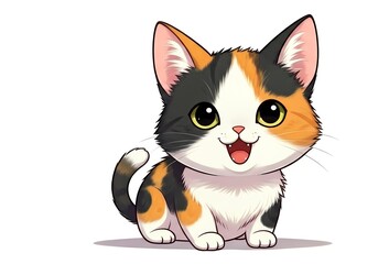 Obraz premium Adorable calico kitten with big eyes and open mouth, sitting playfully and looking happy