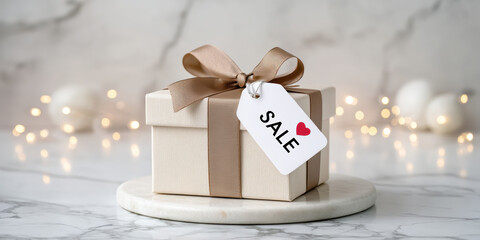 Sale gifts wrapped present with ribbon and heart tag on marble display conveying festive shopping joy and discount excitement