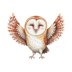 Joyful Barn Owl Spreading Wings in Watercolor Art