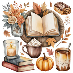 Cozy Autumn Elements in Warm Watercolor Illustration