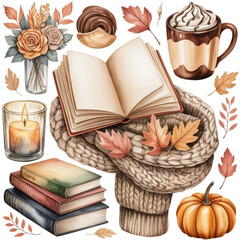 Cozy Autumn Elements in Warm Watercolor Illustration