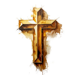 Golden Watercolor Cross on White Background Art