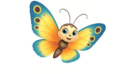 Adorable cartoon butterfly with vibrant yellow and blue wings brings joy and wonder to any design
