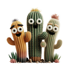 Three Playful Cactus Characters in a Whimsical Scene