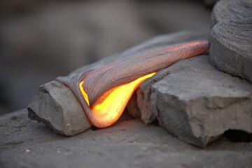 Molten lava flowing over dark volcanic rocks