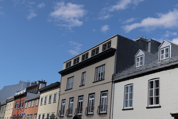 A view in summer of the Old Quebec in Canada with ancient architecture. Panorama of the old Quebec with ancient building. Historic building in Quebec city. Tourism and destination.