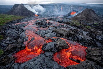 Molten lava flows across volcanic landscape (2)