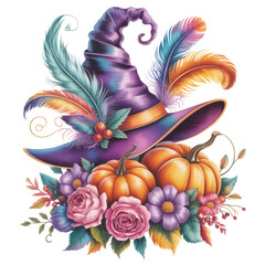 Whimsical Witch Hat with Autumn Flowers and Pumpkins