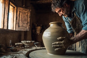 Focused Potter Shaping Clay Vessel In Rustic Workshop