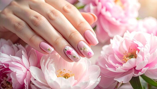 Delicate floral nail art design on manicured hands with peonies - Powered by Adobe