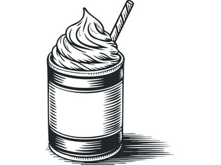 Engraved Whipped Cream Dessert with Straw. Vector hand drawn illustration
