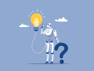 smart robot or Artificial Intelligence holding  magnifying glass with question mark sign and lightbulb solution Machine Learning aQuestion and answer, q and a or solution to solve problem