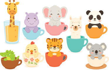 Fototapeta premium Cartoon vector illustration of cute animals sitting in cups and glasses, playful and funny flat design isolated on white background