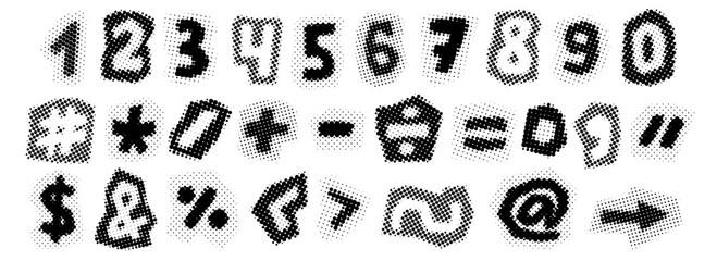 Black halftone numbers and signs. Retro pixelated punctuation marks and characters. Comic pop art style symbols. Grunge rasterized dotted pack. Aged bitmap newspapers typography set. Vector