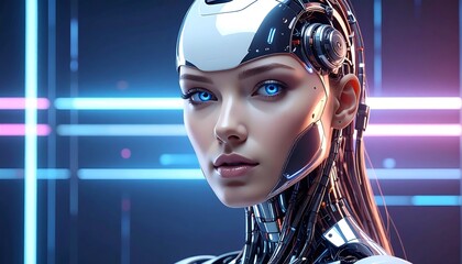 A futuristic portrait of a female cyborg with glowing blue eyes, set against a vibrant, glowing backdrop