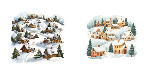 snow covered village in winter watercolor vector illustration