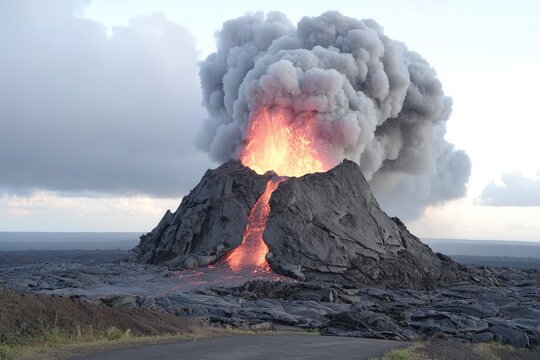 Volcanic eruption, lava flow, and smoke plume