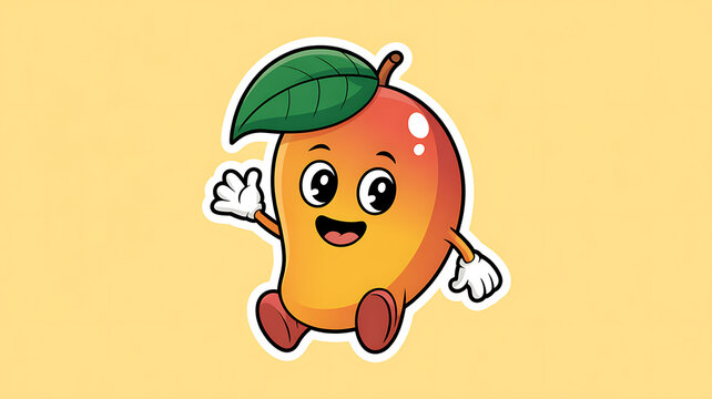 A cute, happy mango cartoon character waving.
