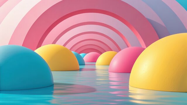 Surreal pastel archway with bouncing spheres