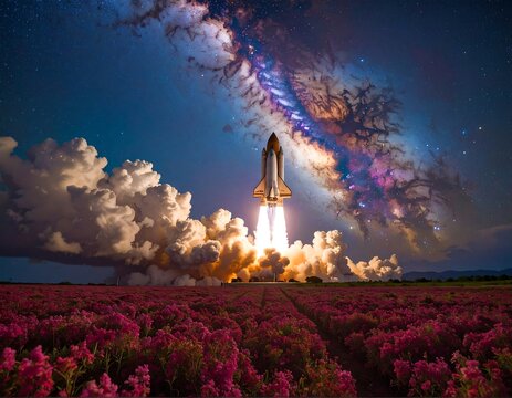 Rocket launch over a field of pink flowers, with a vibrant night sky and galaxy