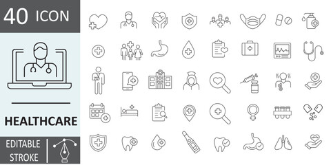 Healthcare Line Editable Icons set. Medicine and Health Care symbols. Emergency, medical equipment, doctor, lab, virus, prescription. vector Illustration Editable stroke..eps