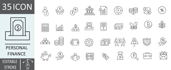 Personal Finance line icon set. Containing Finance, Strategy, Growth, money, income, Saving, investing, money management, etc Editable stroke, Vector illustration..eps