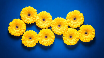 Vibrant yellow gerbera daisies arranged artistically against a deep blue background, minimalist floral concept.
