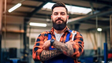 Confident mechanic in blue overalls smiling in a workshop with tools and machinery in the background